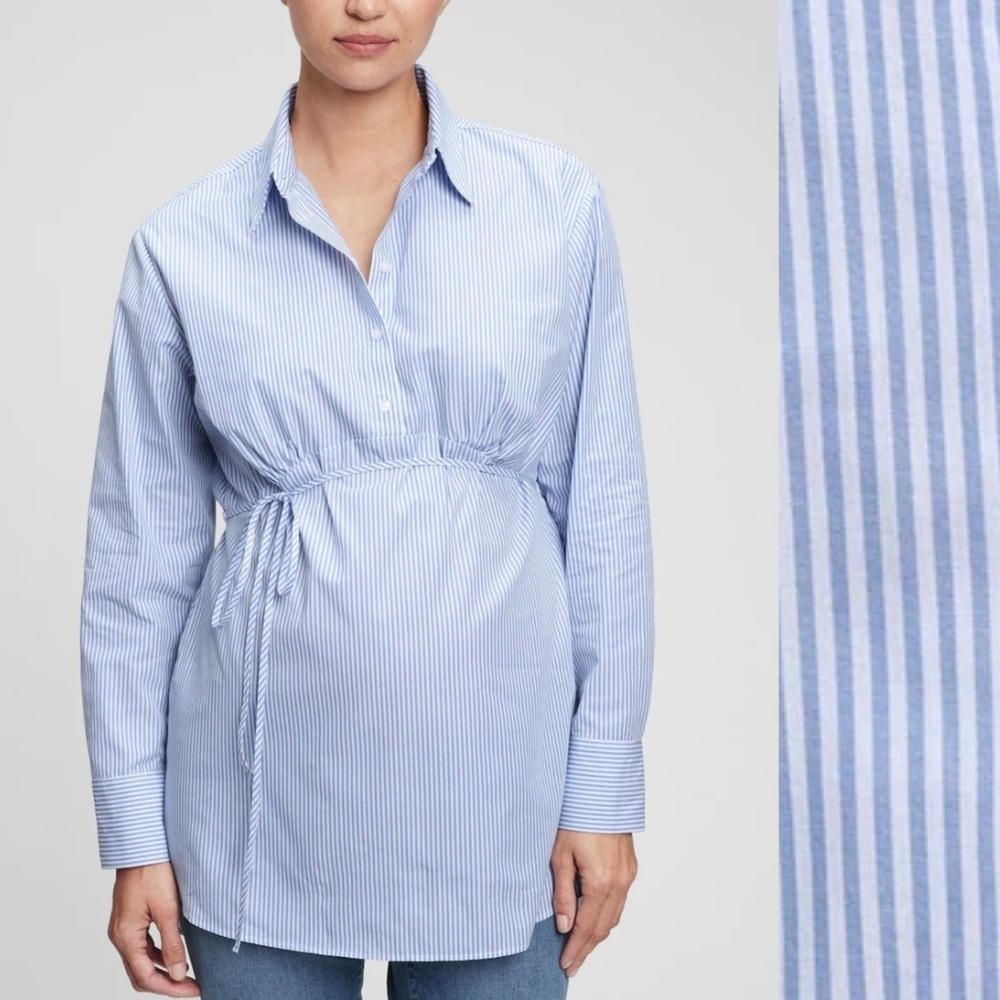 NEW S GAP MATERNITY 100% Cotton Blue White Long Sleeve Popover Shirt SMALL